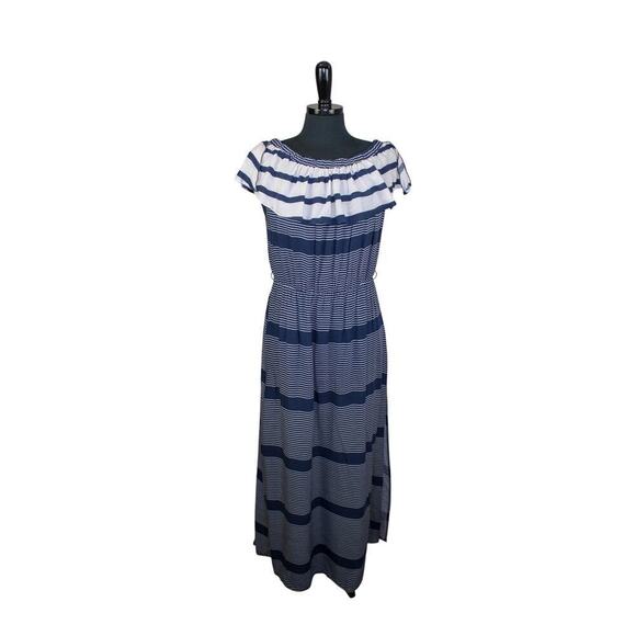 Ocean Drive Striped Maxi Dress Ruffle Neckline Nautical Beach Vacation - Picture 1 of 5